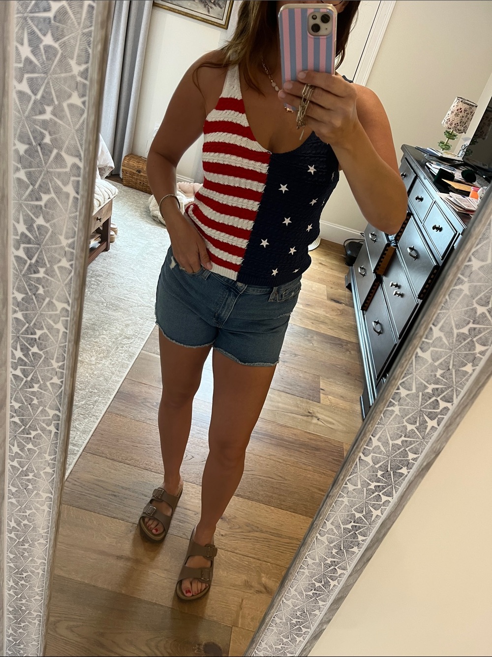moon & madison Red, White & Navy Star Striped Knit Tank